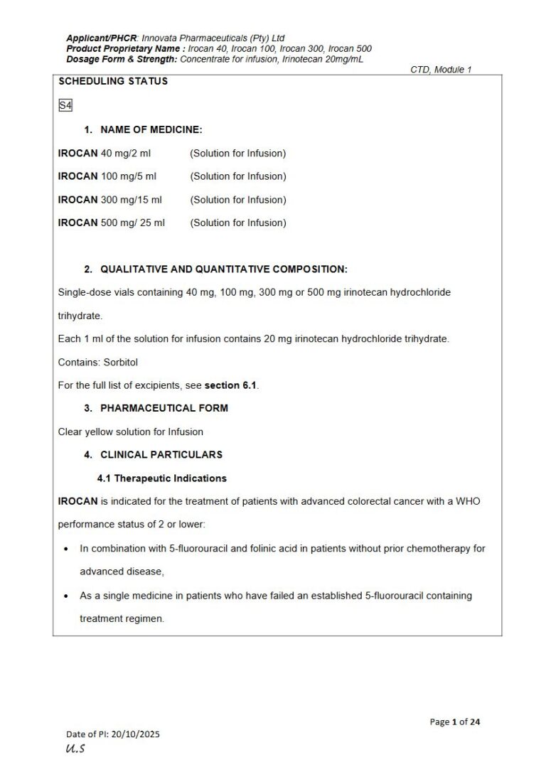 Irocan 40 mg/100 mg/300 mg/500 mg Solution package insert preview