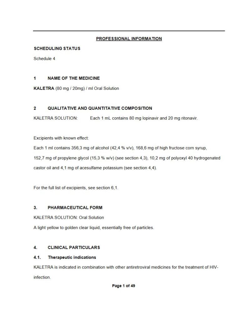 Kaletra Solution 80 mg / 20mg Oral Solution package insert preview