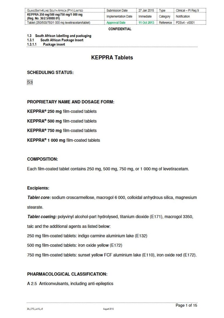 Keppra Tablets 250 mg/500 mg/750 mg/1 000 mg Tablets package insert preview