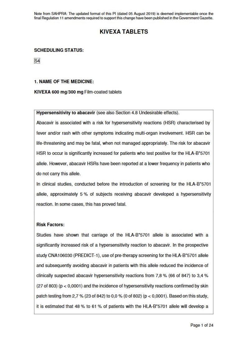 Kivexa 600mg. 300mg Tablet package insert preview