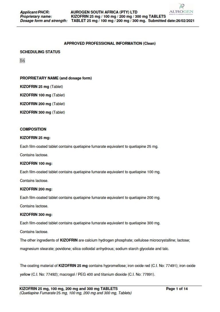 Kizofrin 25 mg / 100 mg / 200 mg / 300 mg TABLETS package insert preview