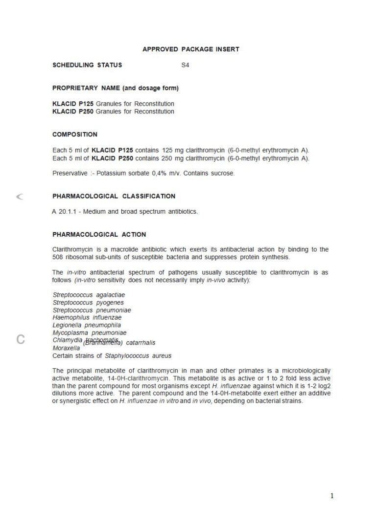 Klacid P125 & P250 125 mg/5 ml/250 mg Granules package insert preview