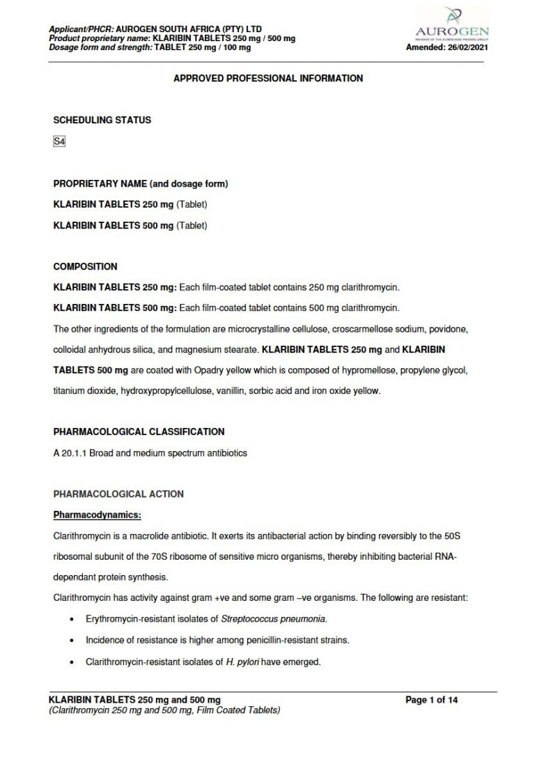 Klaribin Tablets 250 mg / 500 mg TABLET package insert preview