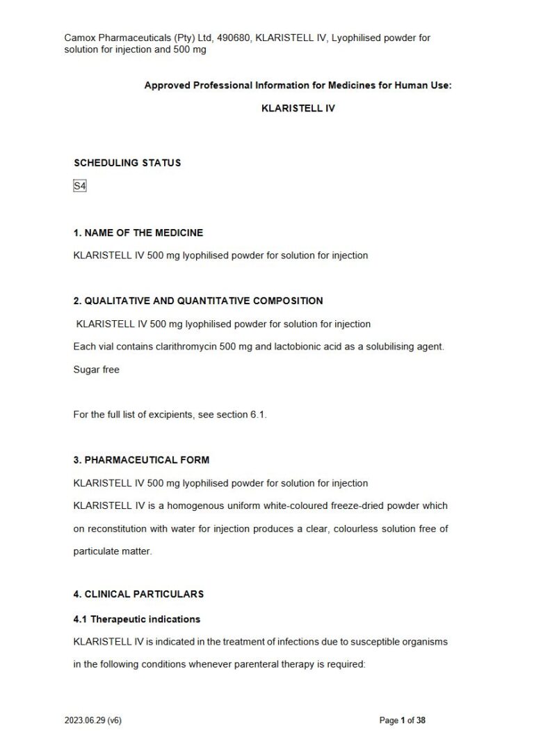 Klaristell Iv 500 mg Powder for solution for injection package insert preview