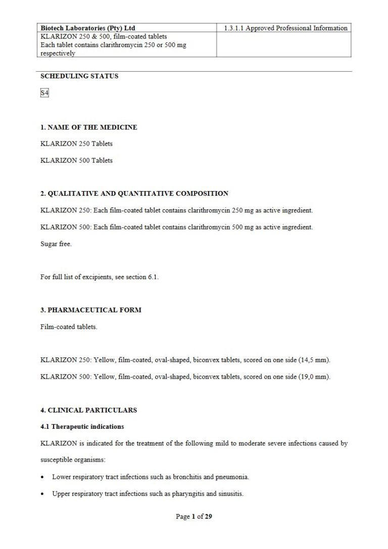 Klarizon 250 or 500 mg FC tablets. package insert preview