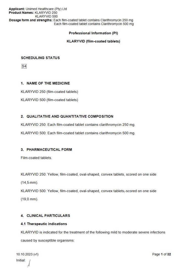 Klaryvid 250 mg. 500 mg. FC tablets. package insert preview