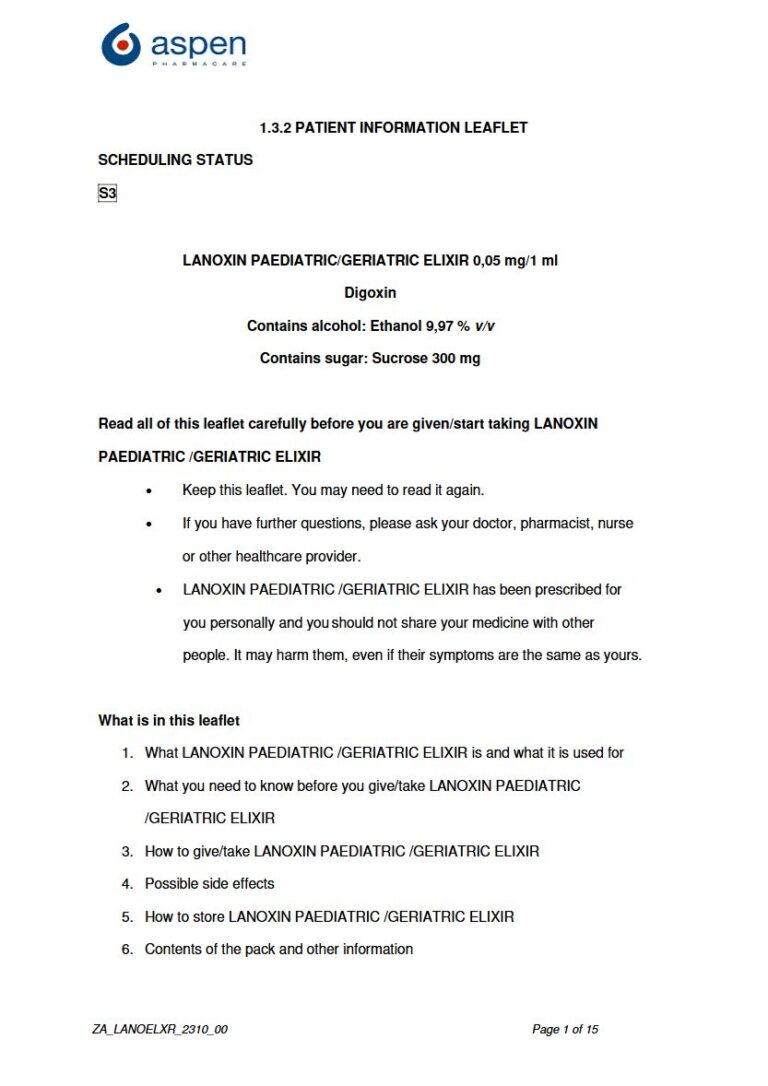 Lanoxin Paediatric/Geriatric Elixir 0,25 mg/ 0,0625 mg TABLETS package insert preview