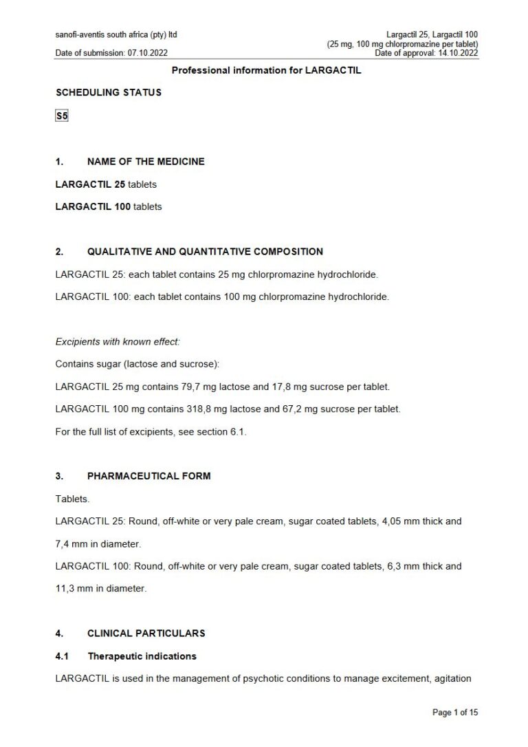 Largactil 25 mg, 100 mg Tablets. package insert preview