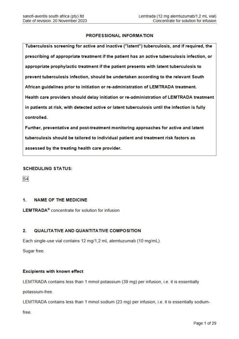 Lemtrada 12 mg/1.2 mL Concentrate for solution for infusion package insert preview