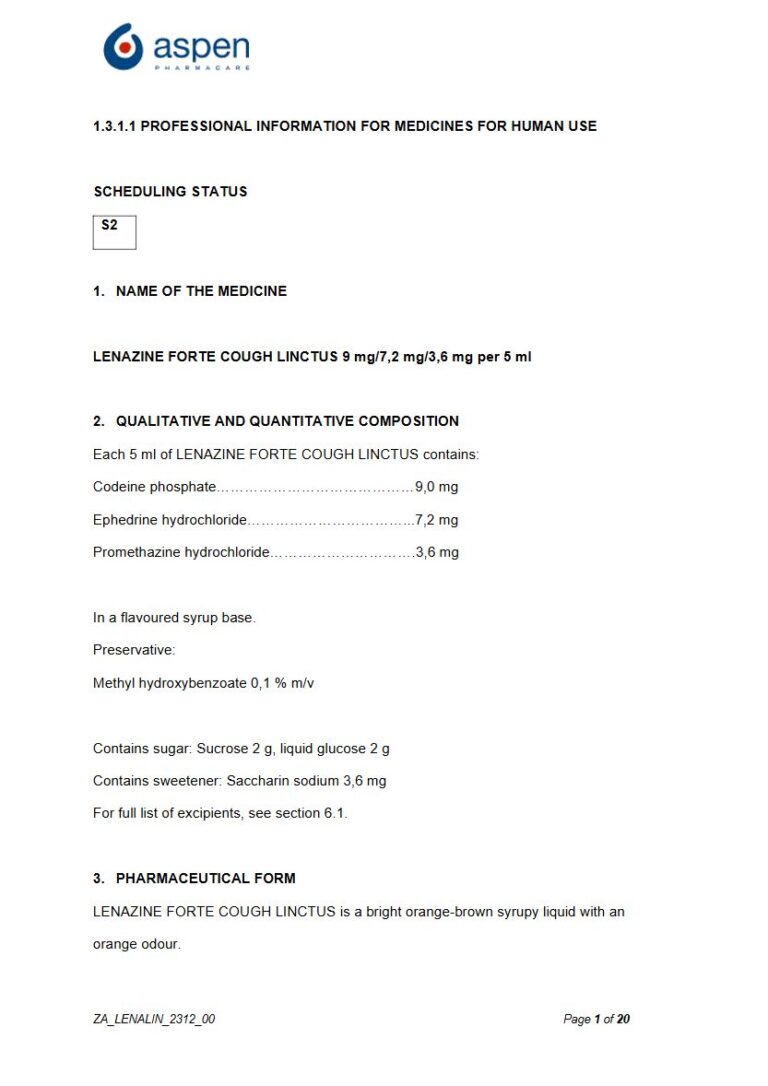 Lenazine Forte Cough Linctus 9 mg/7,2 mg/3,6 mg/5 ml Syrup package insert preview
