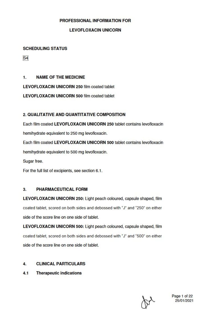 Levofloxacin Unicorn 250 mg, 500mg FC tablet package insert preview