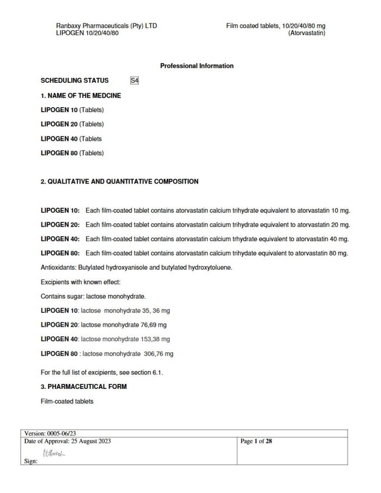 Lipogen 10/20/40/80 mg Film coated tablets package insert preview