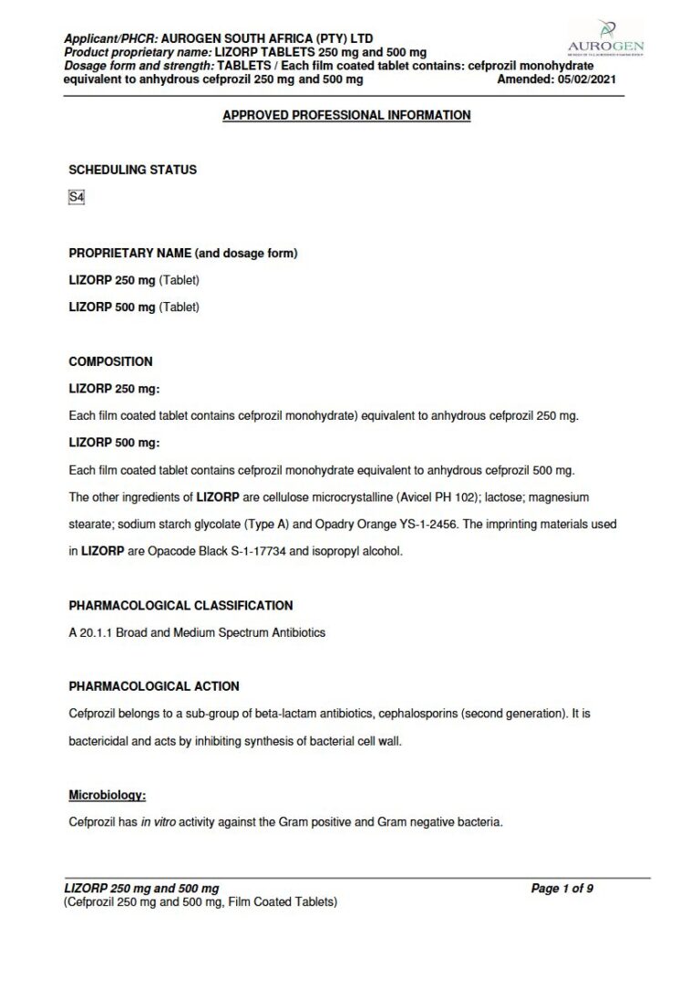 Lizorp 250 mg and 500 mg TABLETS package insert preview