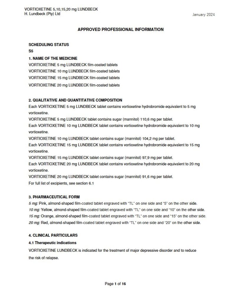 Lundbeck Vortioxetine FC tablets package insert preview