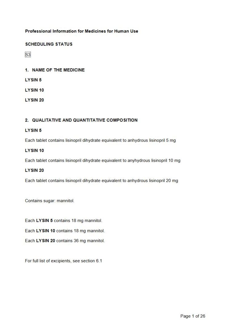 Lysin 5/10/20 5mg/10mg/20mg Tablet package insert preview