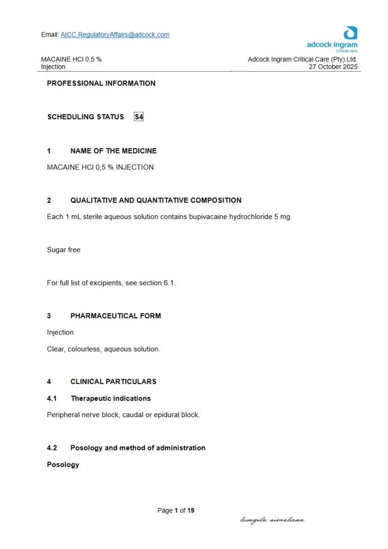 Macaine Hcl 0,5 % Injection 1 mL Injection package insert preview