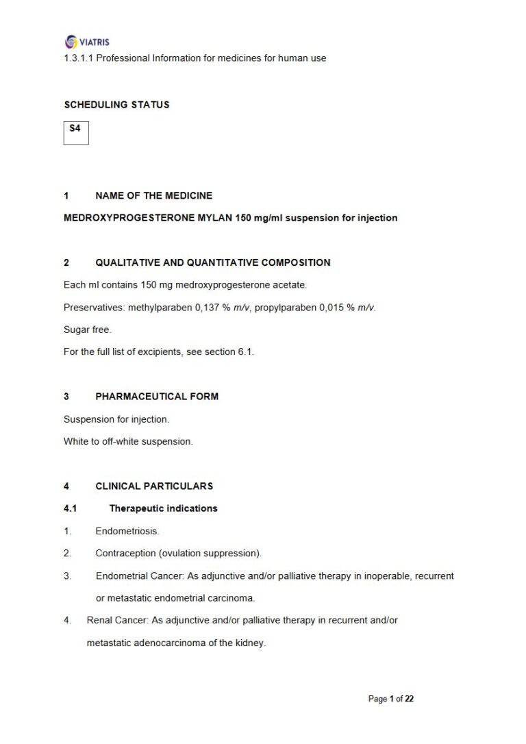 Medroxyprogesterone Mylan 150 mg/ml Suspension for injection. package insert preview