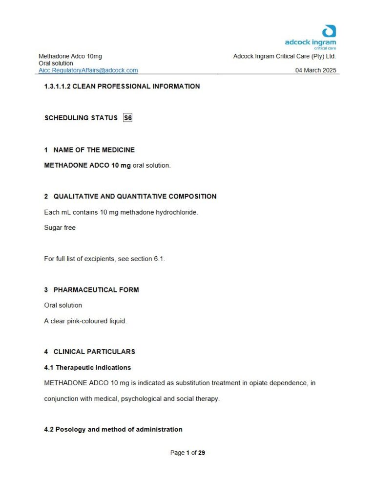 Methadone Adco 10mg Oral Solution package insert preview