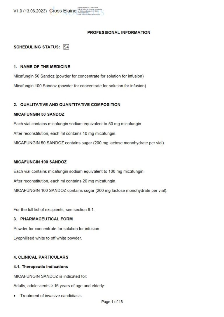 Micafungin 50 mg/100 mg Solution package insert preview
