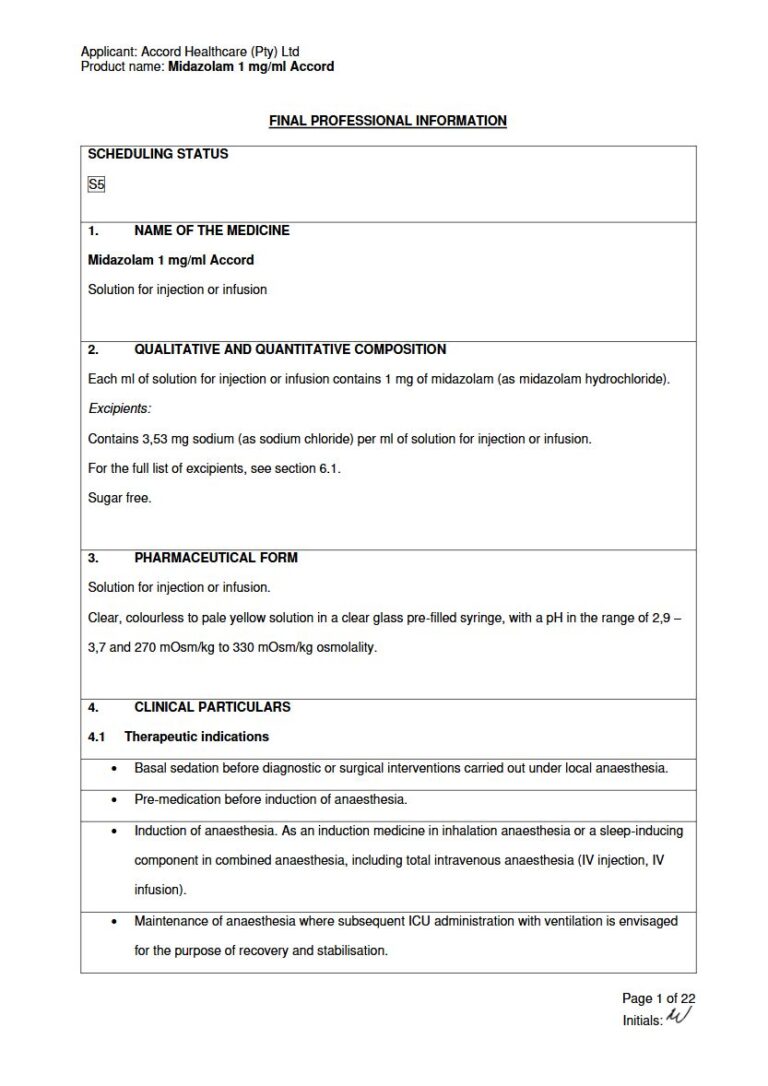 Midazolam 1 Mg/ Ml Accord 1,0 mg SOLUTION FOR INJECTION/ INFUSION package insert preview