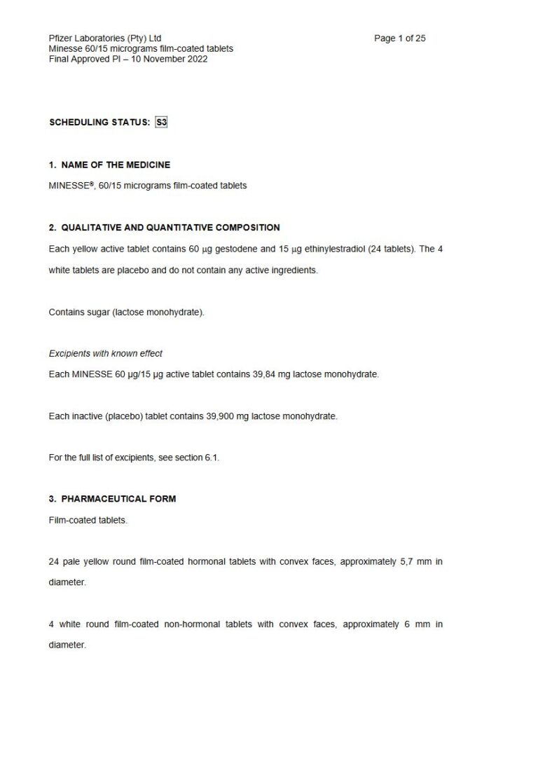 Minesse 60/15 micrograms FC tablets. package insert preview