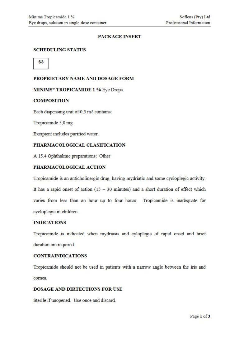 Minims Tropicamide 0,5 mℓ Eye Drops package insert preview