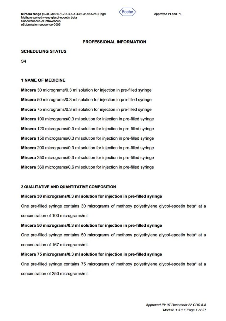 Mircera Injection package insert preview
