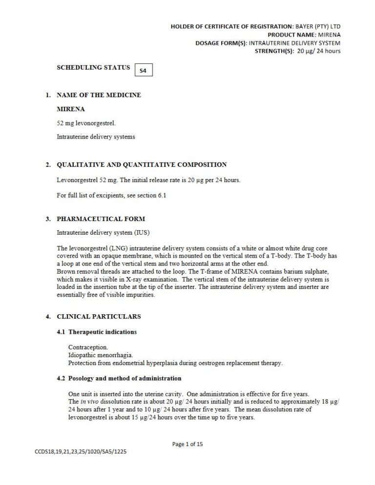 Mirena 52 mg Intrauterine delivery system (IUS) package insert preview
