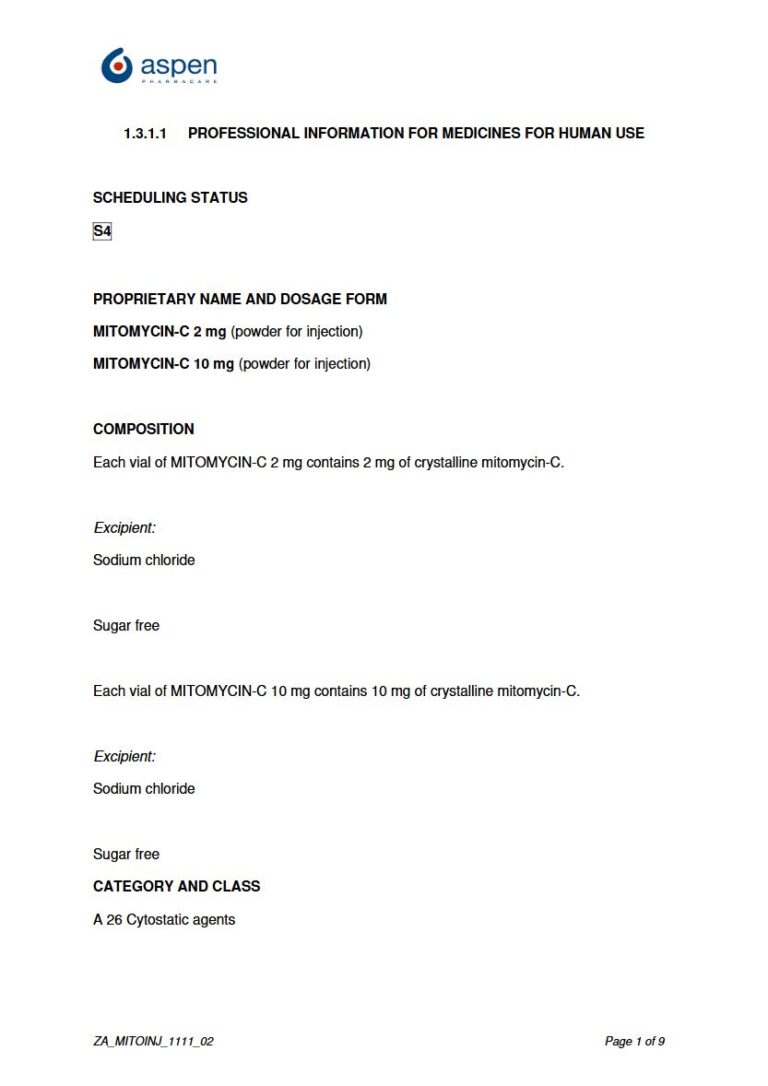 Mitomycin-C 2mg / 10mg powder for injection package insert preview