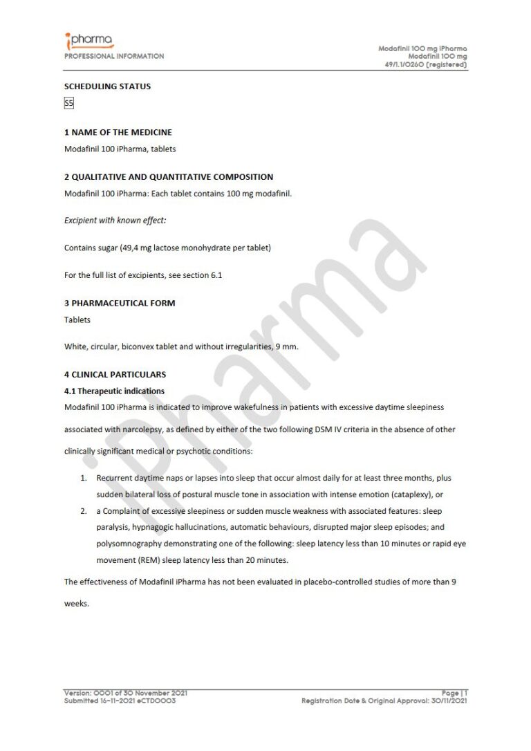 Modafinil 100 Ipharma. 100 mg Tablets package insert preview