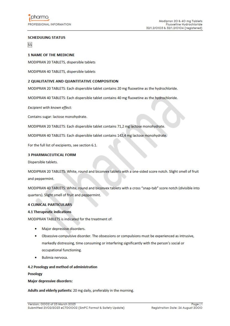 Modipran 20 & 40 mg Dispersible tablets. package insert preview