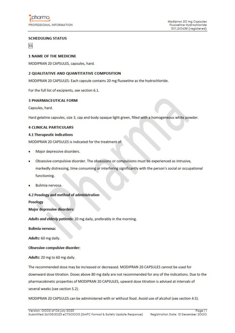 Modipran 20 Capsules, 20 mg Capsules, hard. package insert preview