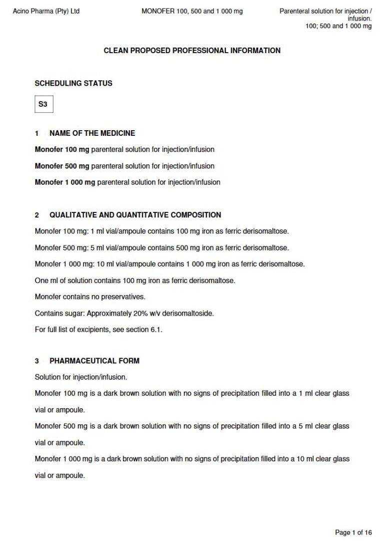 Monofer 100; 500 and 1 000 mg Solution for injection/infusion. package insert preview