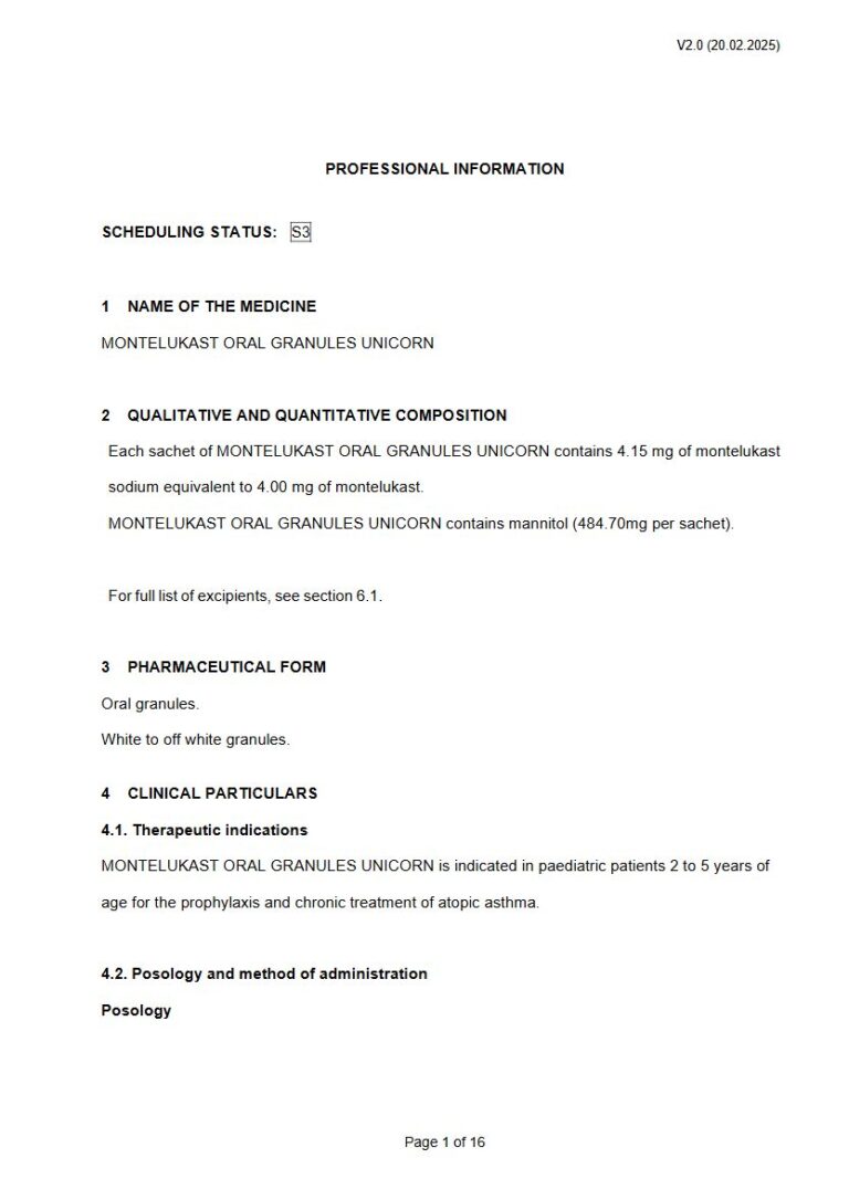 Montelukast Oral Granules Unicorn 4.15 mg Granules package insert preview