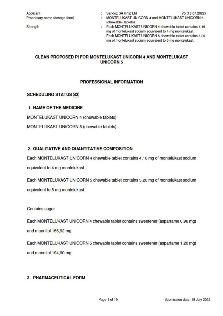 Montelukast Unicorn 4 mg/5 mg Chewable Tablets package insert preview