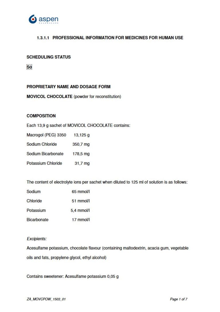 Movicol Chocolate 13.9g Powder package insert preview