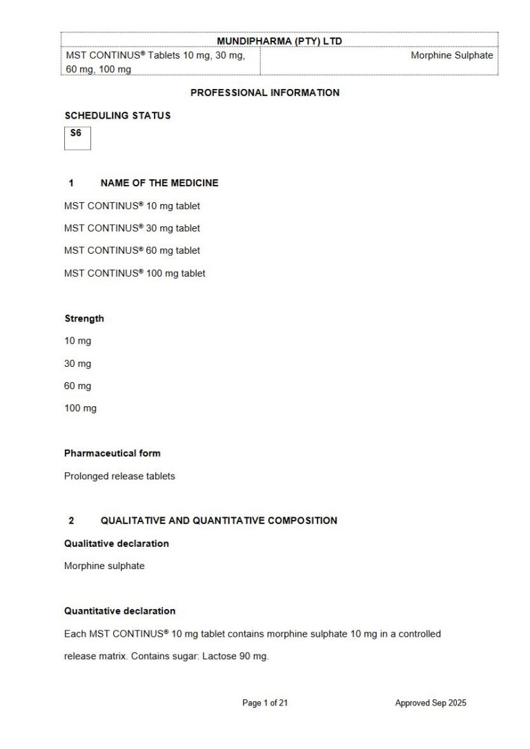 Mst Continus 10 Mg/30 Mg/60 Mg/100 Mg Prolonged-Release Tablets package insert preview