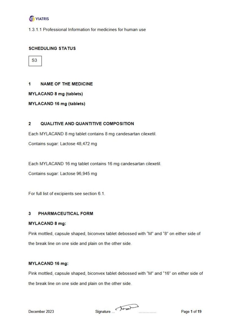 Mylacand 8 mg, 16 mg Tablet package insert preview