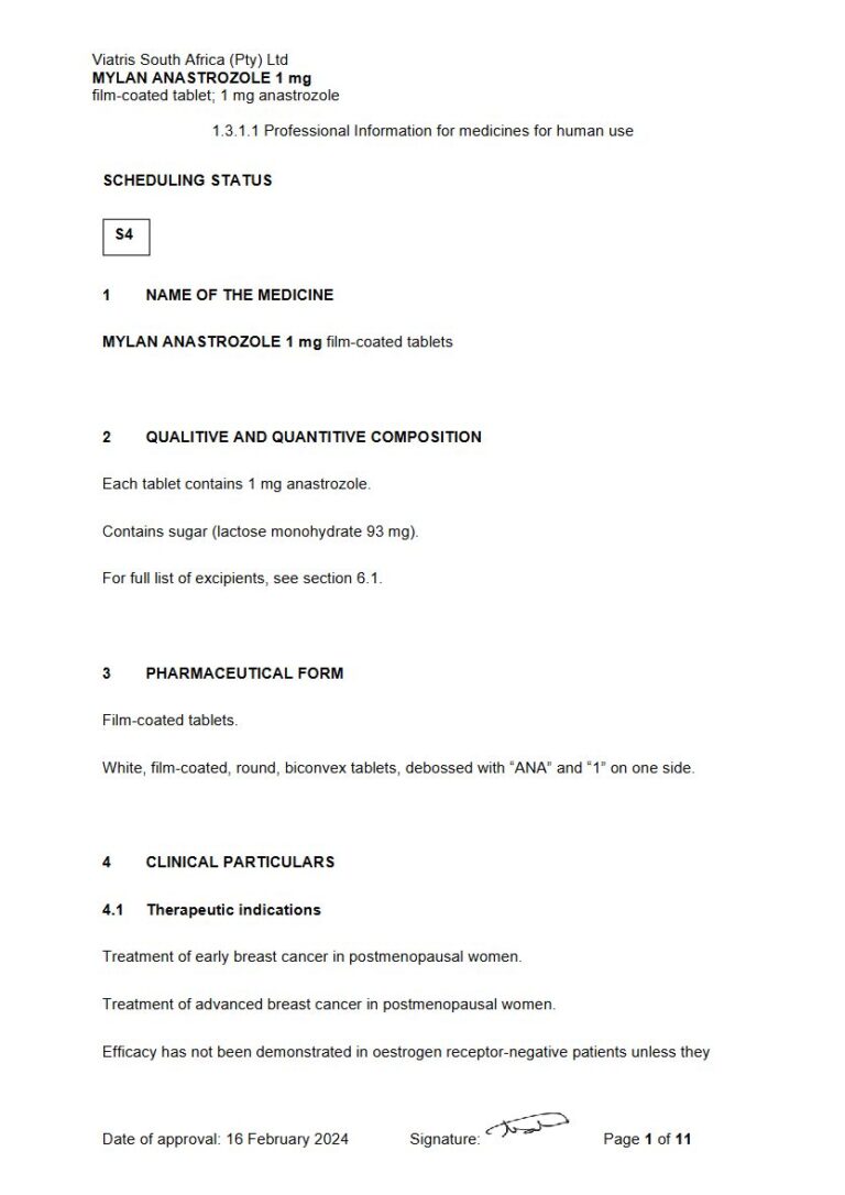 Mylan Anastrozole 1 mg Film-coated tablets package insert preview