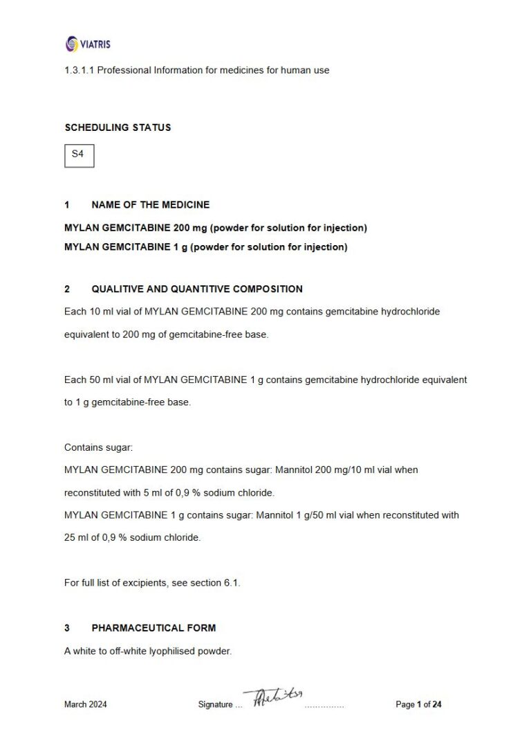 Mylan Gemcitabine 200 mg & 1 g Powder for solution for injection package insert preview