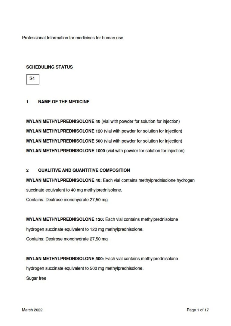 Mylan Methylprednisolone 40 mg/120 mg/500 mg/1000 mg Solution package insert preview