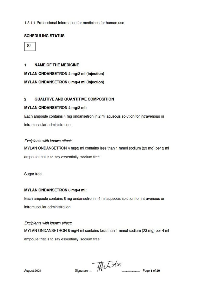 Mylan Ondansetron 4 mg/2 ml, 8 mg/4 ml Injection package insert preview