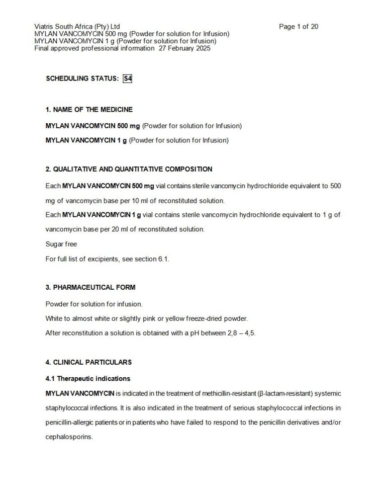 Mylan Vancomycin 500 Mg/1 G Solution package insert preview