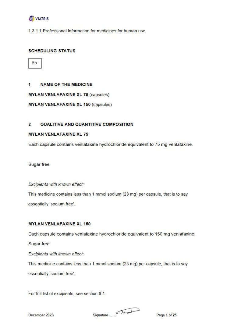 Mylan Venlafaxine Xl 75 mg, 150 mg Capsule package insert preview