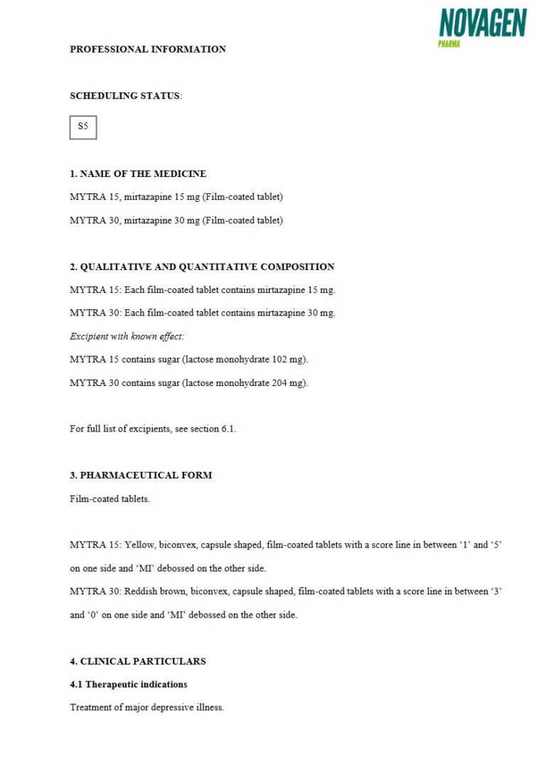 Mytra 15 mg. 30 mg. FC tablets. package insert preview