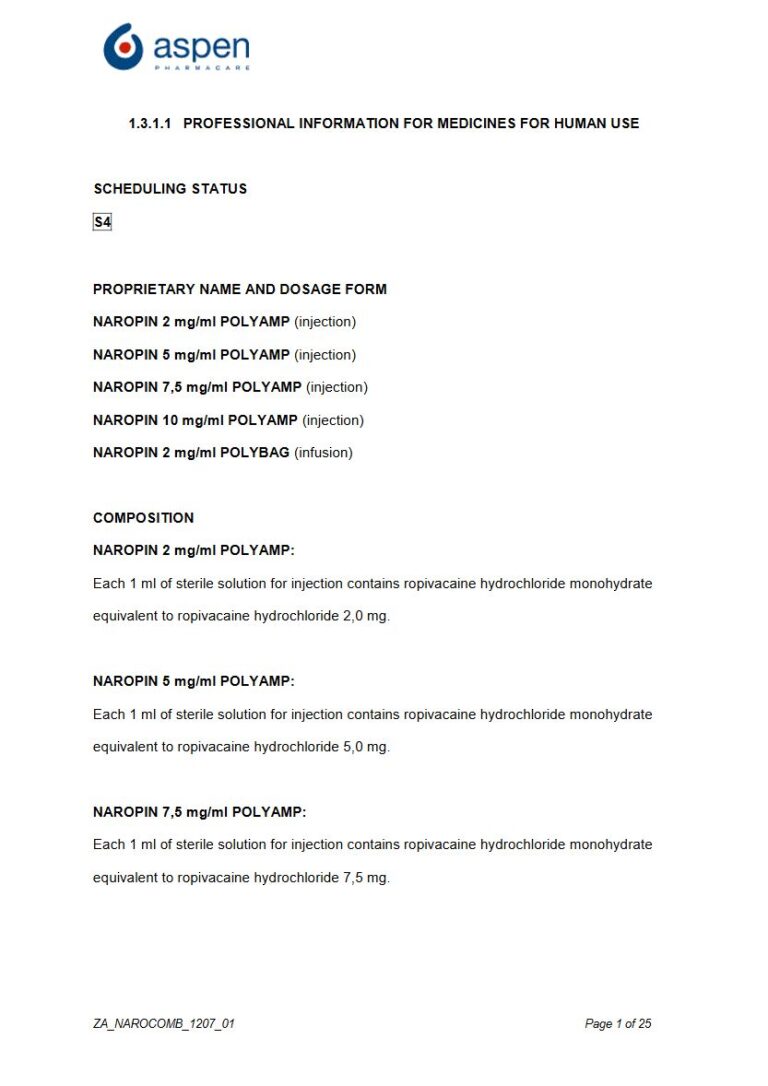 Naropin 2mg / 5mg / 7.5mg / 10mg injection package insert preview