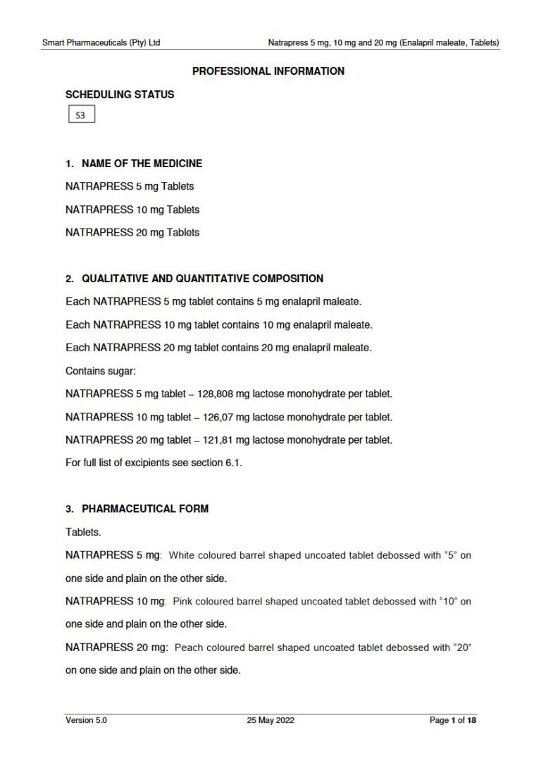 Natrapress 5 mg, 10 mg and 20 mg Tablets. package insert preview