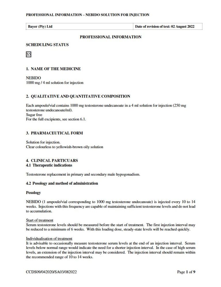 Nebido 1000 mg / 4 ml Solution for injection package insert preview