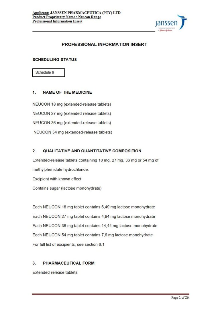 Neucon 18 mg, 27 mg, 36 mg, 54 mg XR tablets package insert preview