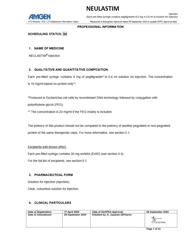 Neulastim 6mg / 0.6ml Injection package insert preview